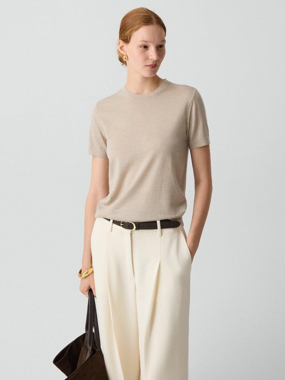 Theory Pale Sand Sweater Tee in Regal Wool Size L